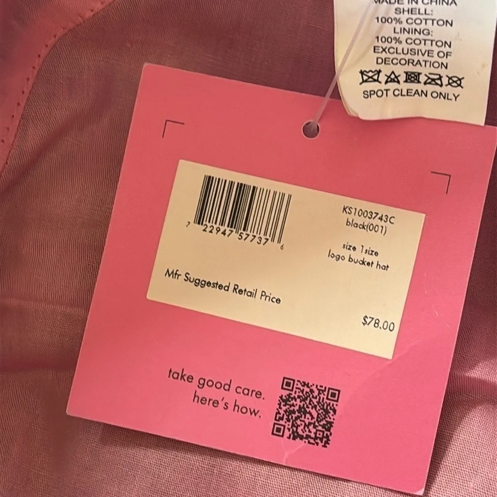 Brand New Kate Spade Black Logo Bucket Hat Pink Lining Classic Preppy